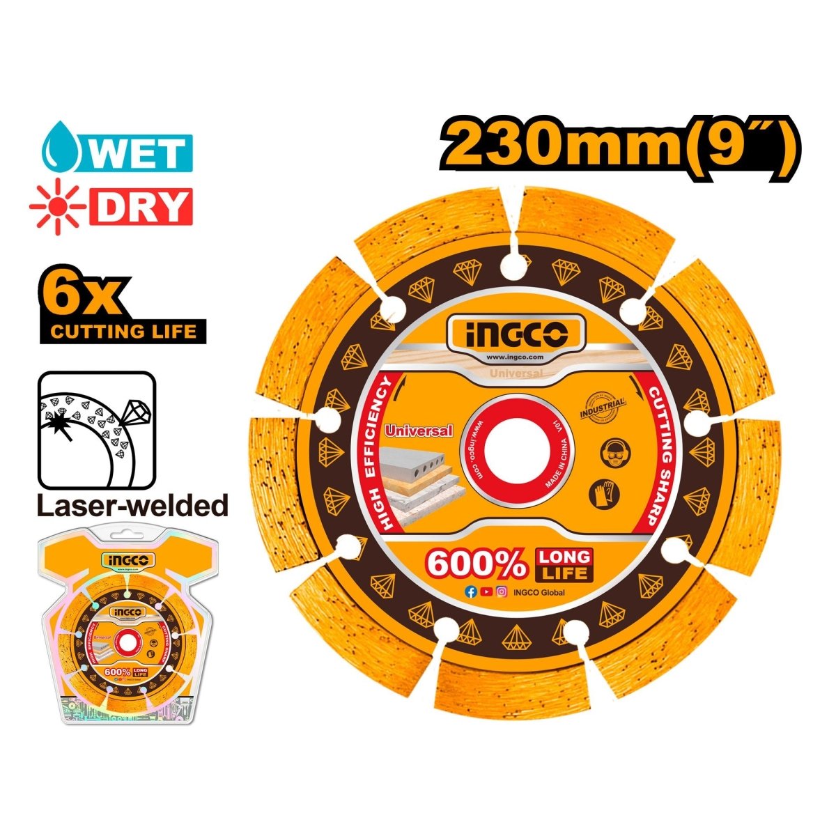 Ingco Disco Diamantado Segmentado 9X3/8X7/8 DMD072301 - MARKEMSTORE - Accesorios Para Pulidora