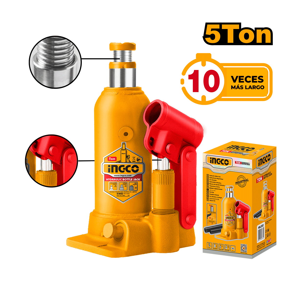 INGCO GATO TIPO BOTELLA 5TON ALTURAS 218 - 474MM HBJ504 - MARKEMSTORE - Gatos Hidraulicos
