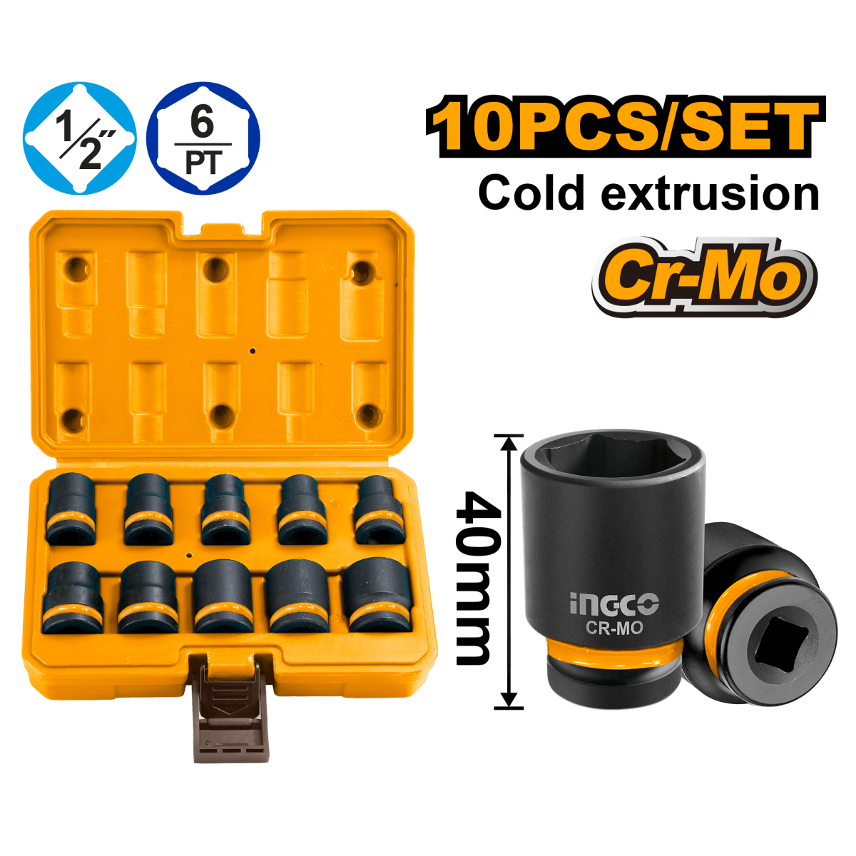 Ingco Juego De Dados De Impacto M1/2 10pzs Hkissd12101 - MARKEMSTORE - Dados y accesorios