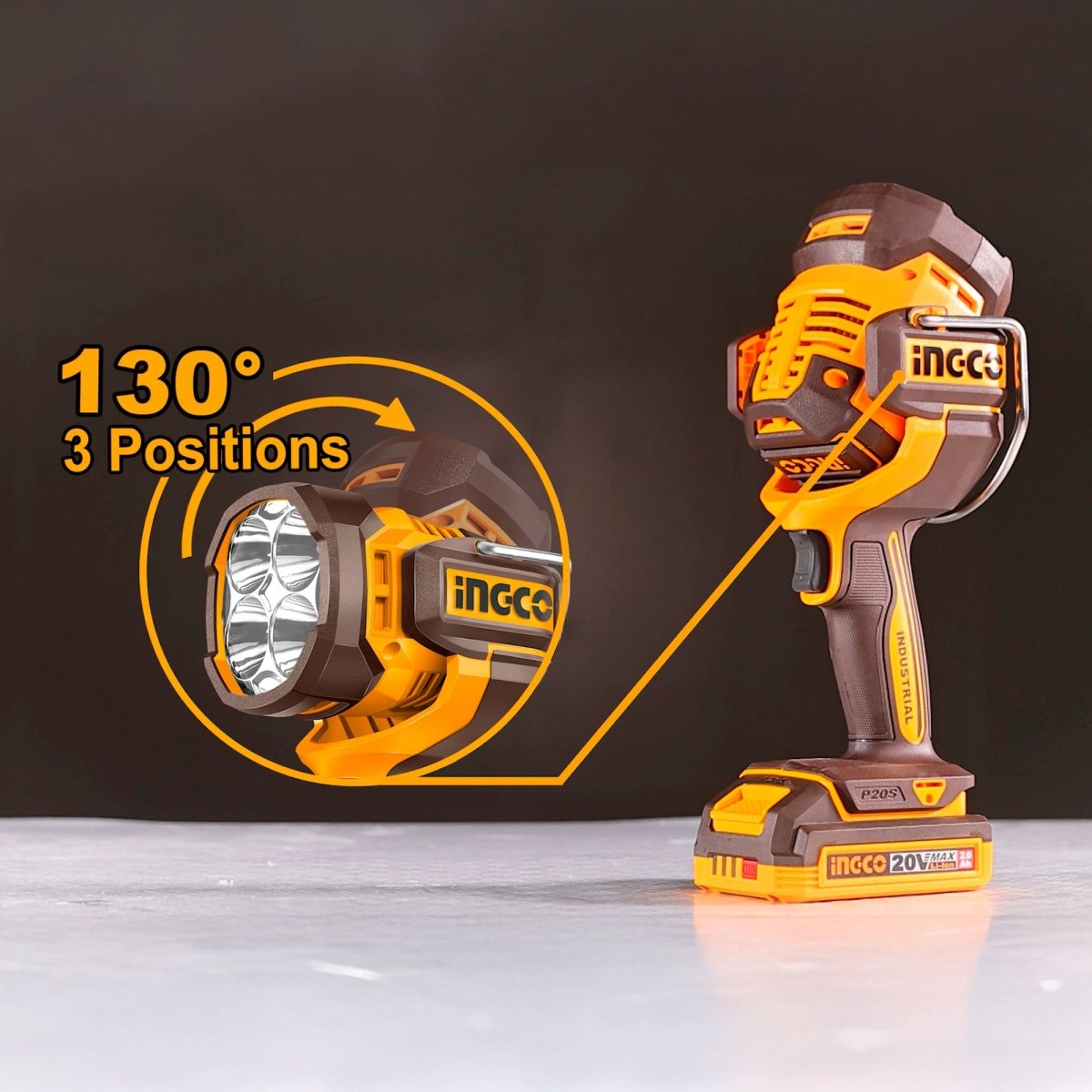 INGCO LAMPARA PORTATIL 20V LED 22.5W 3 MODOS 2500 LUMENS INCLUYE 2 BATERIAS 2.0AH Y CARGADOR UCWLI20887 - MARKEMSTORE - Linternas