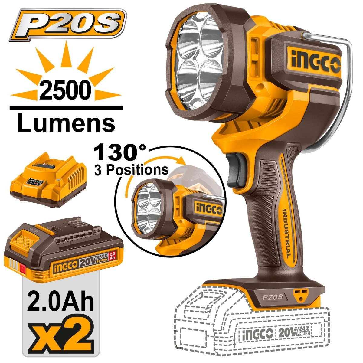 INGCO LAMPARA PORTATIL 20V LED 22.5W 3 MODOS 2500 LUMENS INCLUYE 2 BATERIAS 2.0AH Y CARGADOR UCWLI20887 - MARKEMSTORE - Linternas