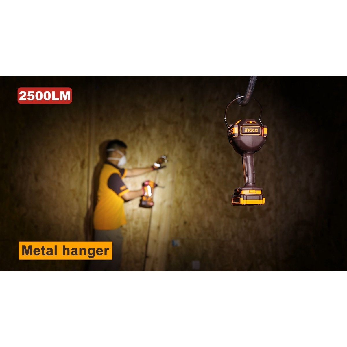 INGCO LAMPARA PORTATIL 20V LED 22.5W 3 MODOS 2500 LUMENS INCLUYE 2 BATERIAS 2.0AH Y CARGADOR UCWLI20887 - MARKEMSTORE - Linternas