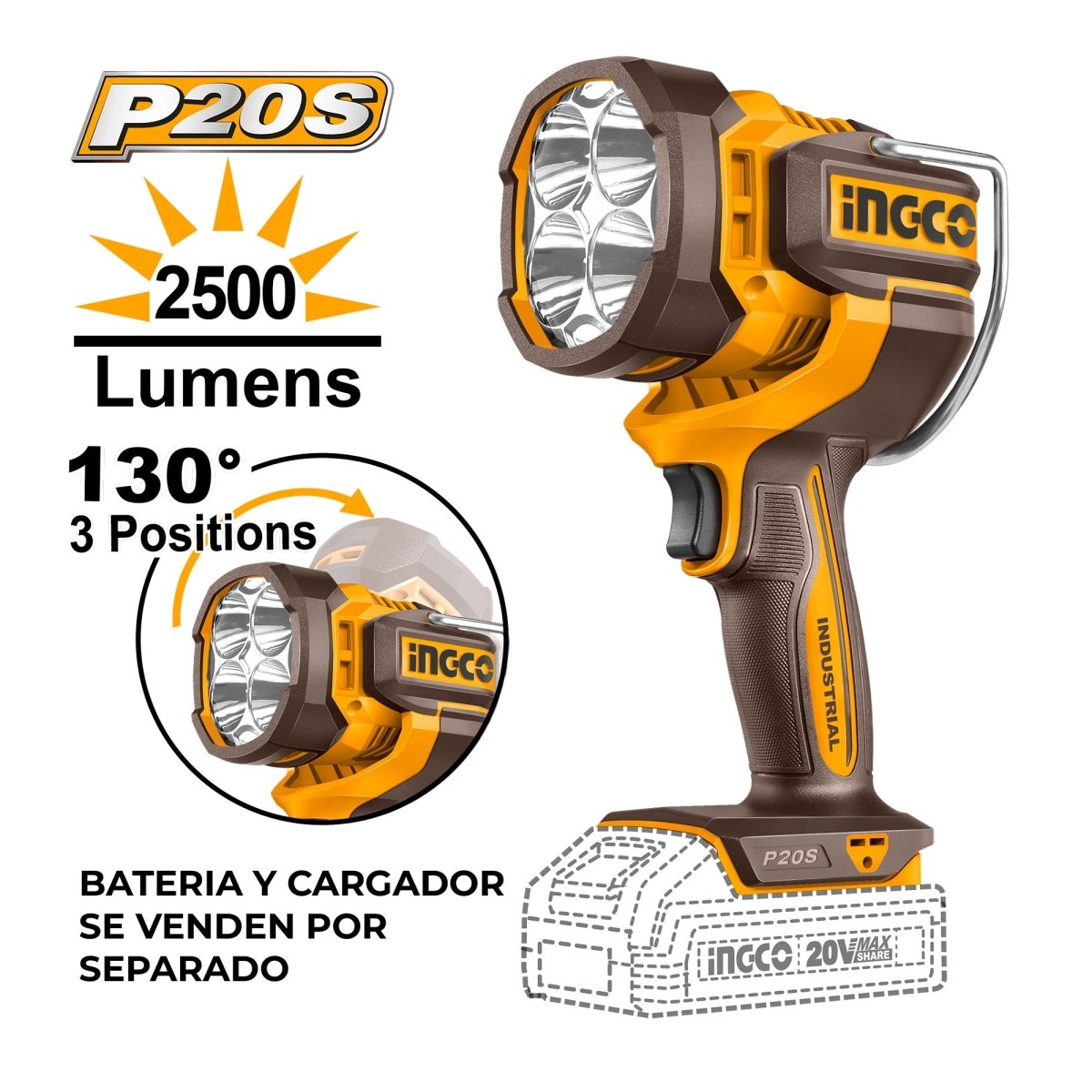 INGCO LAMPARA PORTATIL 20V LED 22.5W 3 MODOS 2500 LUMENS SIN BATERIA CWLI20885 - MARKEMSTORE - Linternas