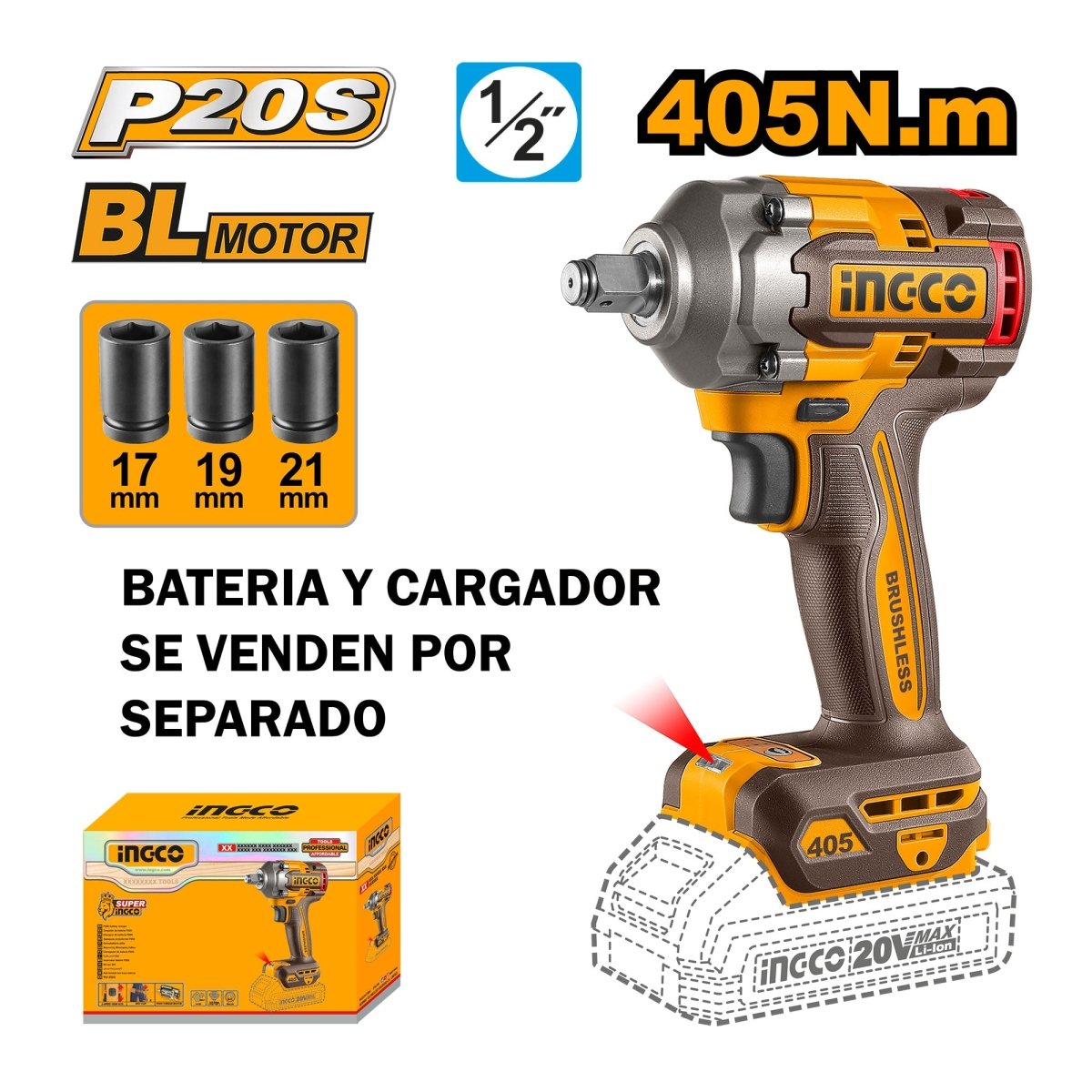 INGCO LLAVE DE IMPACTO M1/2 20V 405NM BRUSHLESS SIN BATERIA CIWLI20451 - MARKEMSTORE - Llave de Impacto