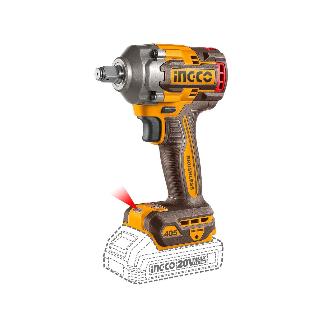 INGCO LLAVE DE IMPACTO M1/2 20V 405NM BRUSHLESS SIN BATERIA CIWLI20451 - MARKEMSTORE - Llave de Impacto