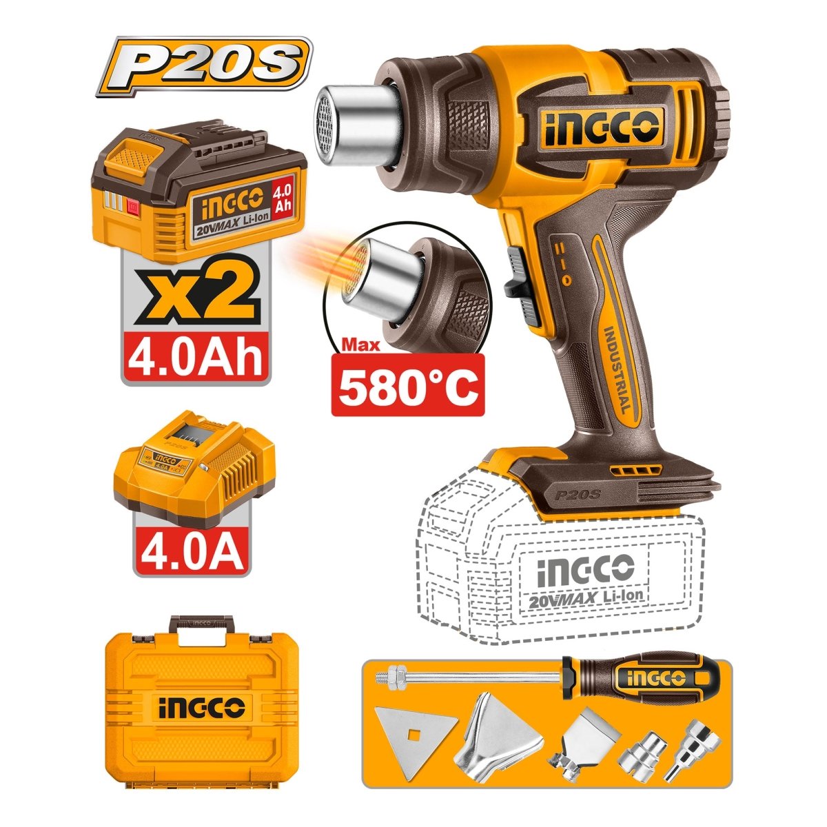 INGCO PISTOLA DE CALOR 20V 300 /550°C INCLUYE 2 BATERIA 4.0AH CARGADOR Y ACCESORIOS UHGLI20085 - MARKEMSTORE - Pistolas y Sopladores