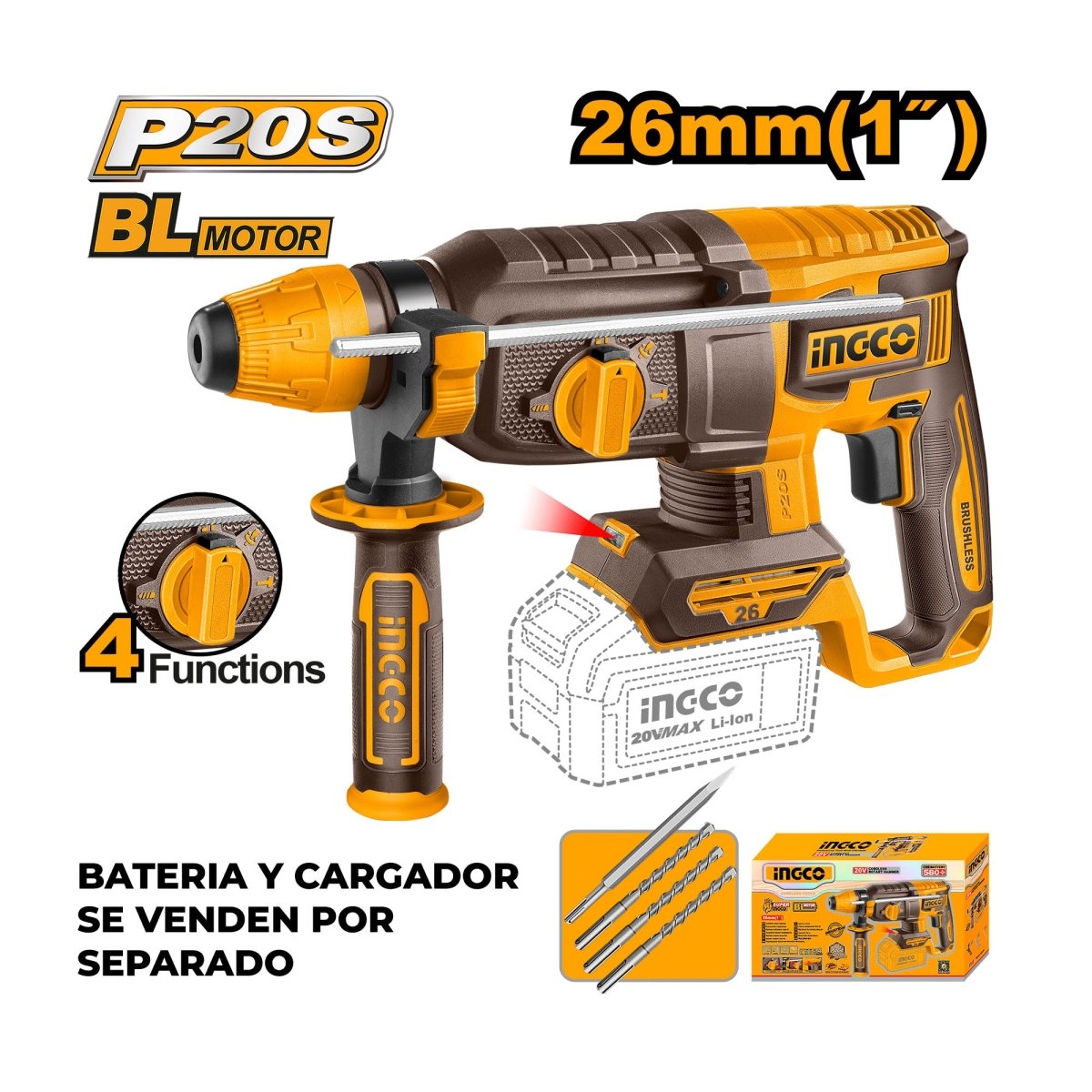 INGCO ROTOMARTILLO 20V SDS PLUS 2.5J 0 - 1100 RPM BRUSHLESS SIN BATERIA CRHLI26208 - MARKEMSTORE - Rotomartillos