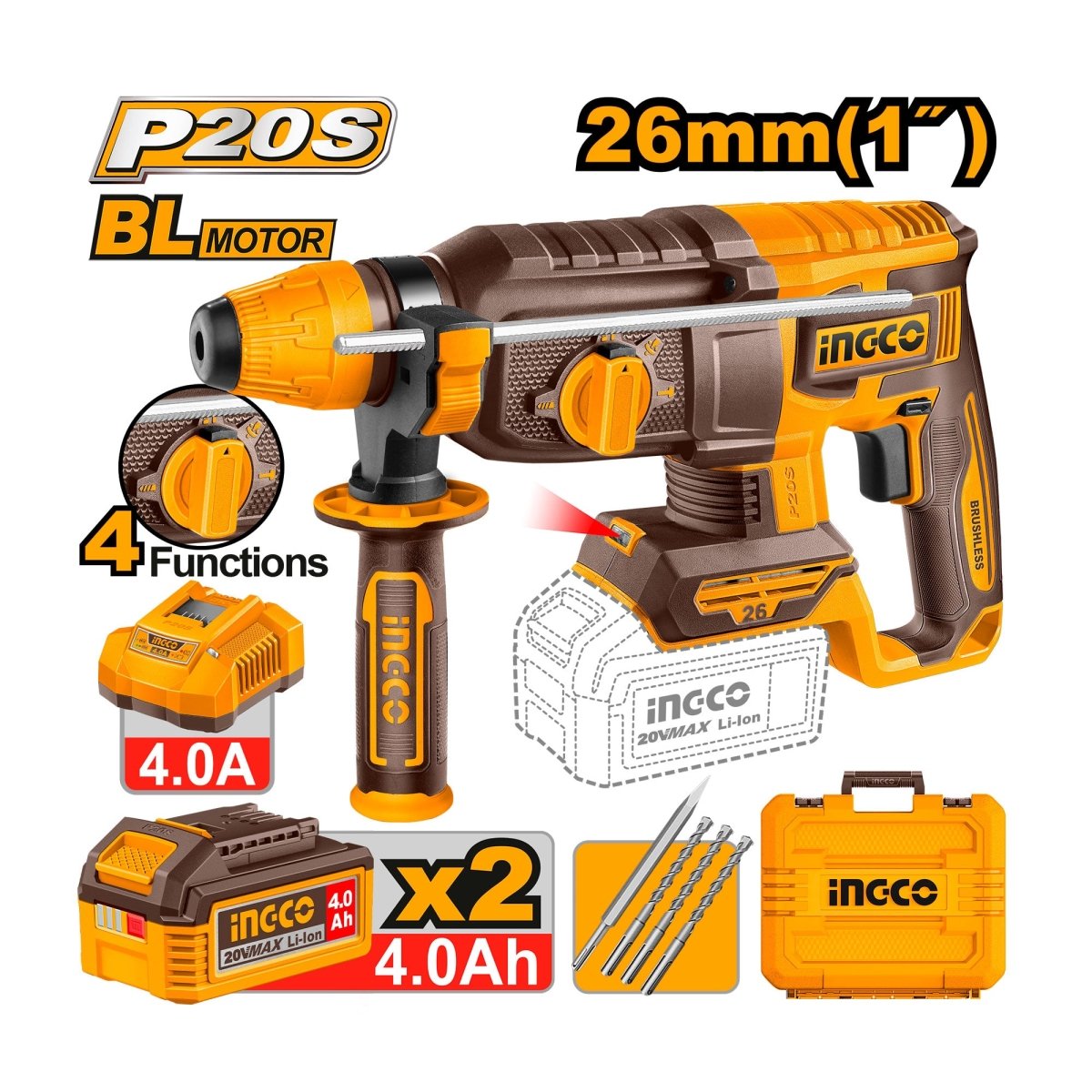 INGCO ROTOMARTILLO 20V SDS PLUS 2.5J 0 - 1100RPM BRUSHLESS INCLUYE 2 BATERIAS 4.0AH Y CARGADOR UCRHLI262085 - MARKEMSTORE - Rotomartillos