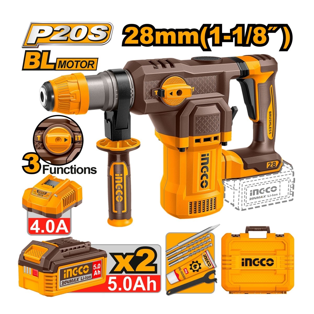 INGCO ROTOMARTILLO 20V SDS PLUS 4.5J 0 - 930RPM BRUSHLESS INCLUYE 2 BATERIAS CARGADOR Y ACCESORIOS UCRHLI202862 - MARKEMSTORE - Rotomartillos