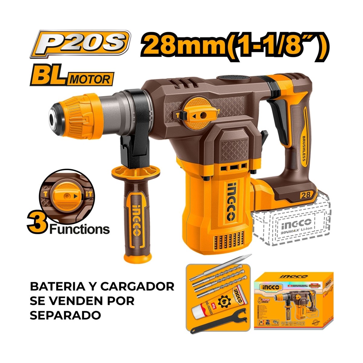 INGCO ROTOMARTILLO 20V SDS PLUS 4.5J 0 - 930RPM BRUSHLESS SIN BATERIA CRHLI20286 - MARKEMSTORE - Rotomartillos