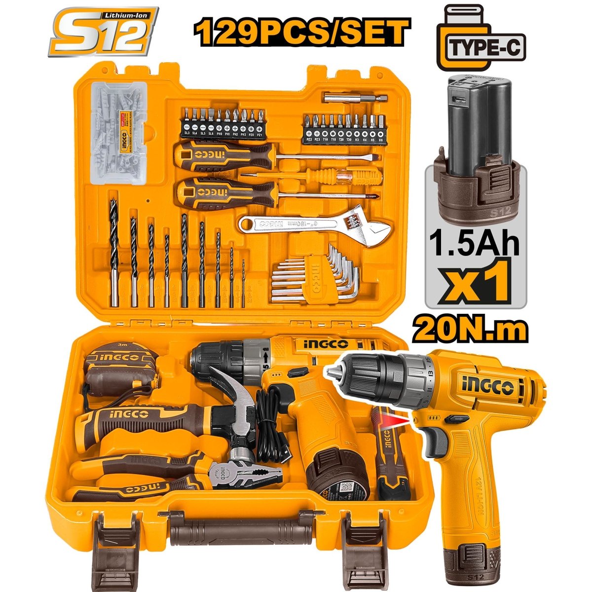Set Herramientas 129 Piezas INGCO con Taladro Inalámbrico 12V 20Nm HKTHP11291 - MARKEMSTORE - Taladro