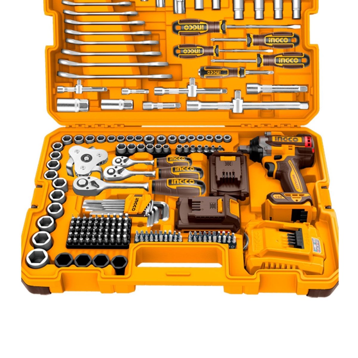 INGCO SET HERRAMIENTA 172PCS INCLUYE LLAVE DE IMPACTO M1/2 20V 550NM 2 BATERIAS Y CARGADOR UHKTHP41723 - MARKEMSTORE - Juegos de Herramientas