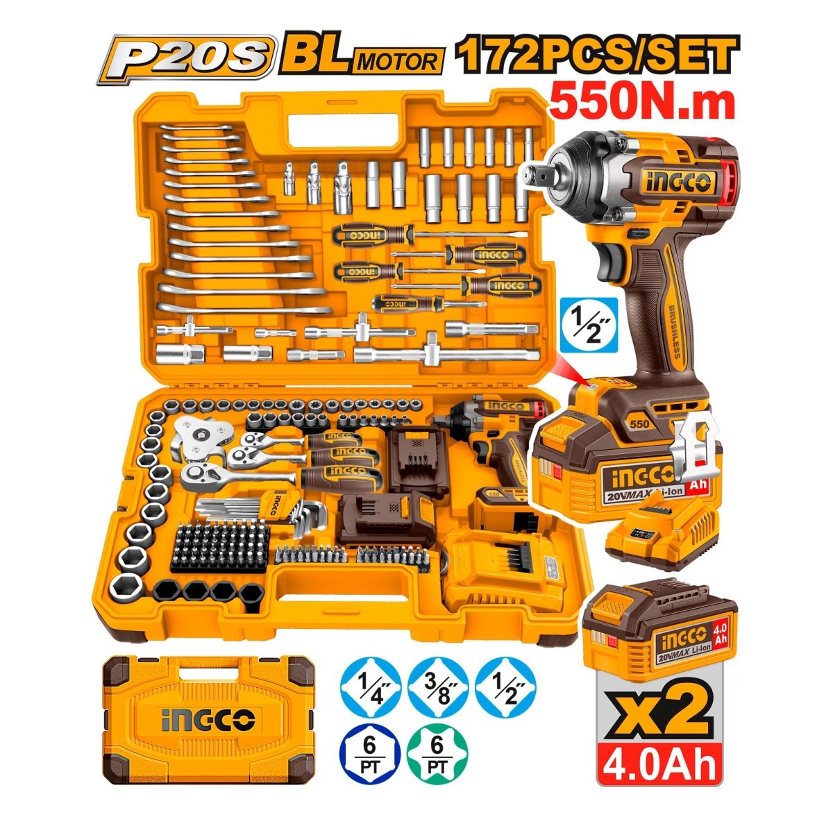 INGCO SET HERRAMIENTA 172PCS INCLUYE LLAVE DE IMPACTO M1/2 20V 550NM 2 BATERIAS Y CARGADOR UHKTHP41723 - MARKEMSTORE - Juegos de Herramientas
