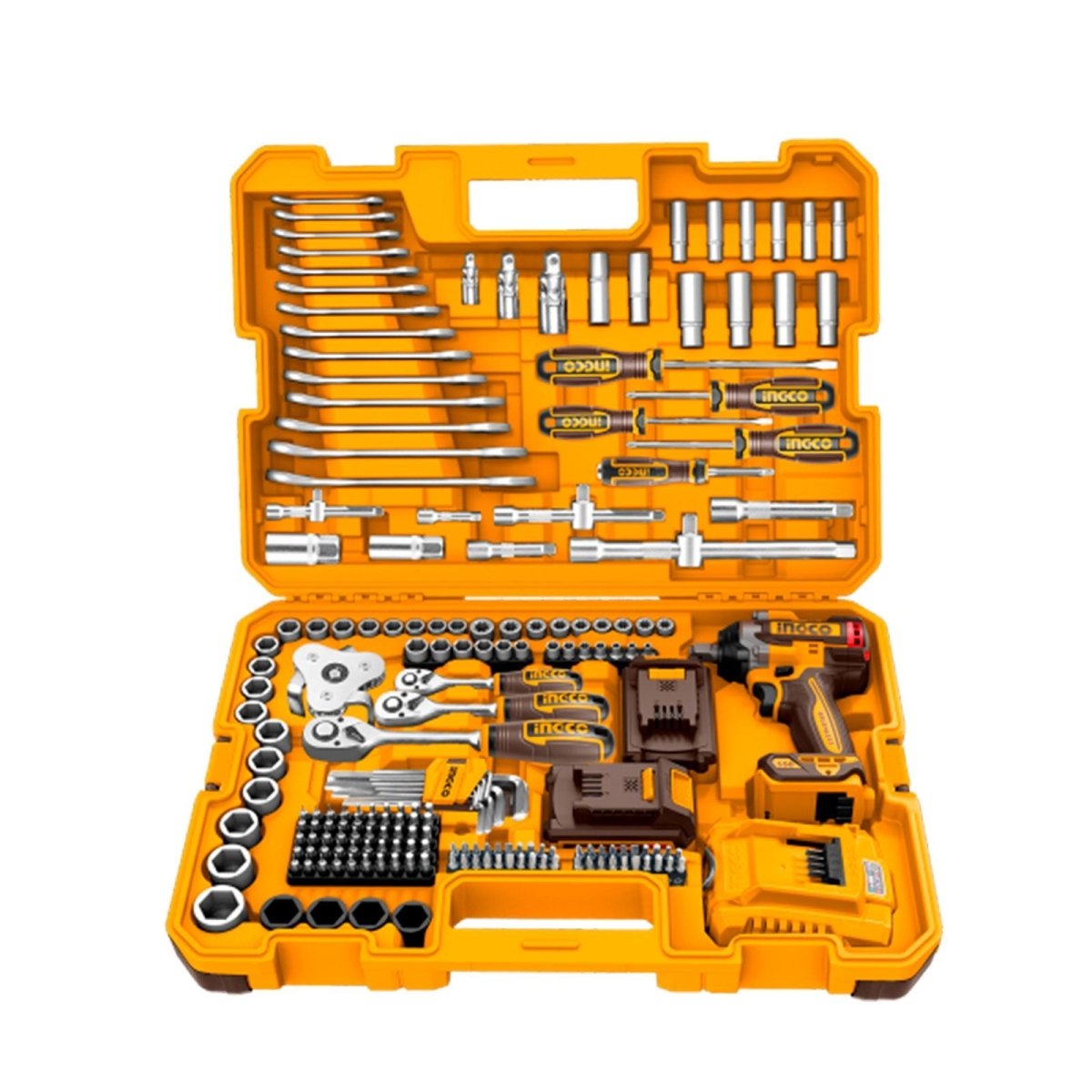 INGCO SET HERRAMIENTA 172PCS INCLUYE LLAVE DE IMPACTO M1/2 20V 550NM 2 BATERIAS Y CARGADOR UHKTHP41723 - MARKEMSTORE - Juegos de Herramientas