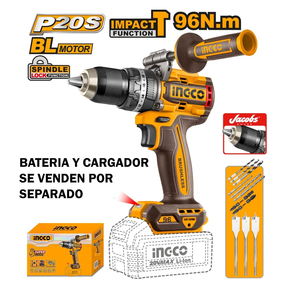 INGCO TALADRO DE IMPACTO M1/2 20V 96NM 2000RPM BRUSHLESS SIN BATERIA CIDLI209685 - MARKEMSTORE - Taladros