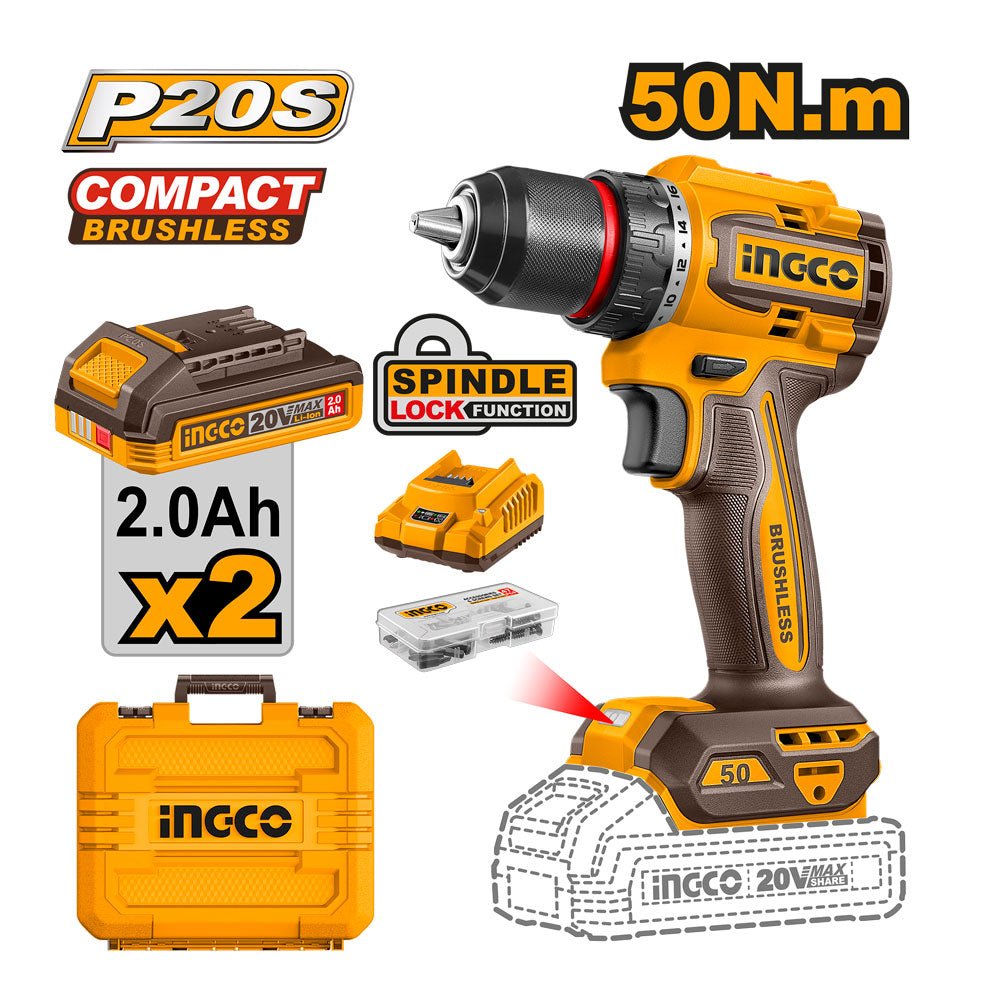 INGCO TALADRO DE ROTACIÓN M1/2 20V 50NM 2000RPM BRUSHLESS INCLUYE 2 BATERIAS 1 CARGADOR Y ACCESORIOS UCDLI205062 - MARKEMSTORE - Taladros