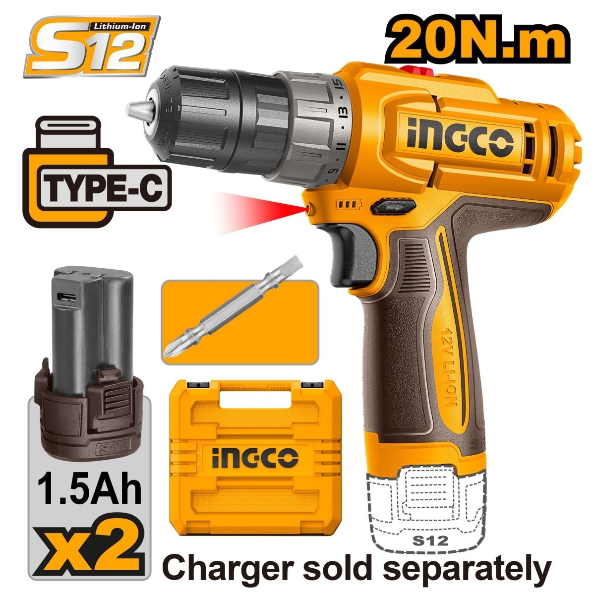 INGCO TALADRO M3/8 12V 20NM ROTACION 2 BATERIAS Y CARGADOR CDLI12206 - MARKEMSTORE - Taladro