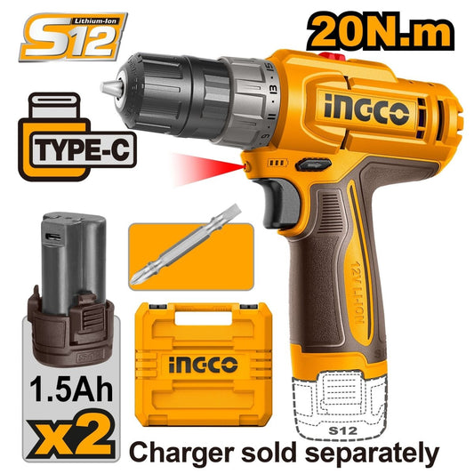 INGCO TALADRO M3/8 12V 20NM ROTACION 2 BATERIAS Y CARGADOR CDLI12206 - MARKEMSTORE - Taladro