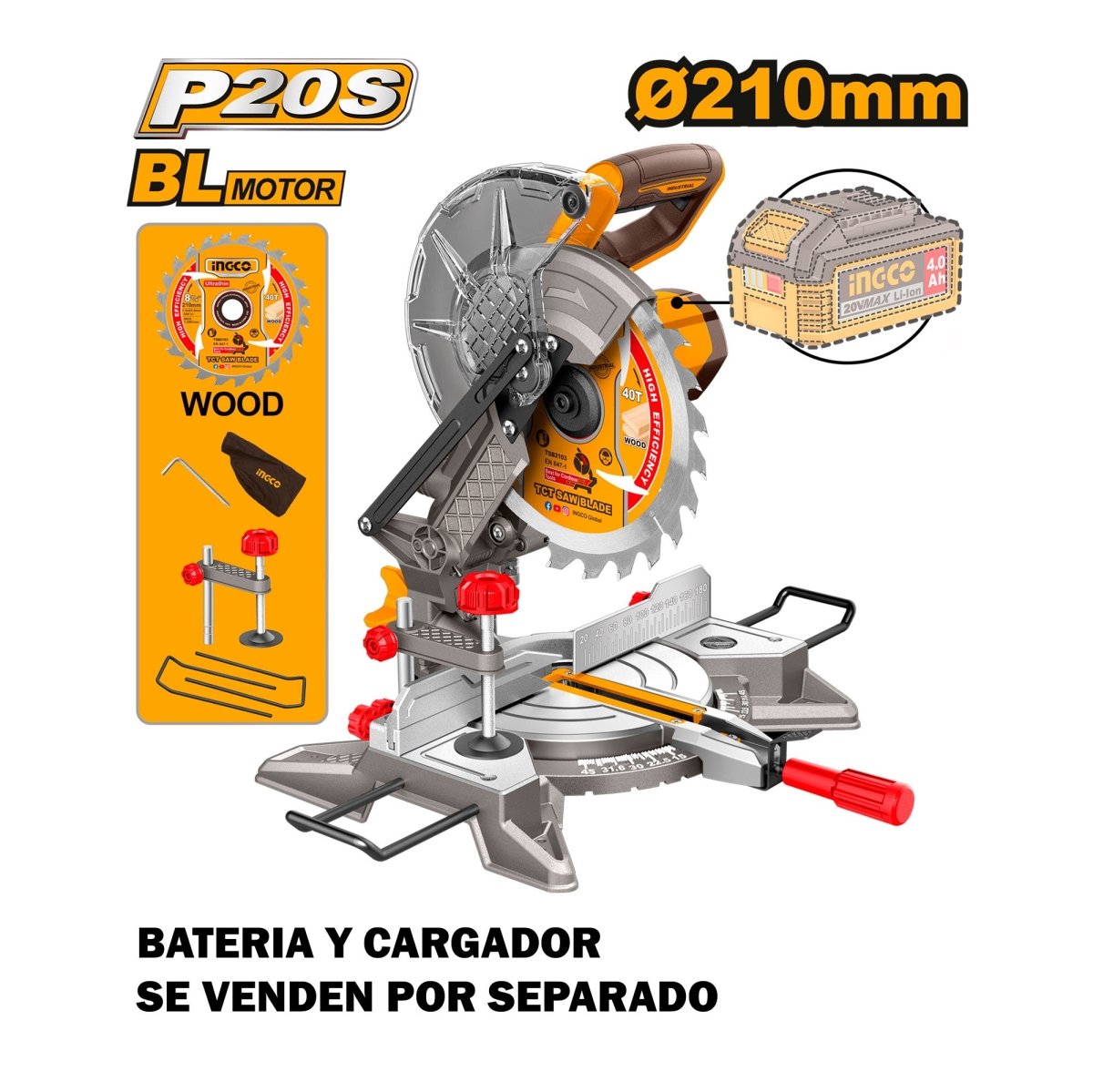 Ingleteadora Inalámbrica INGCO 20V 8-1/4" 4500RPM Hoja TCT Madera CMSLI2021 - MARKEMSTORE - Ingleteadoras