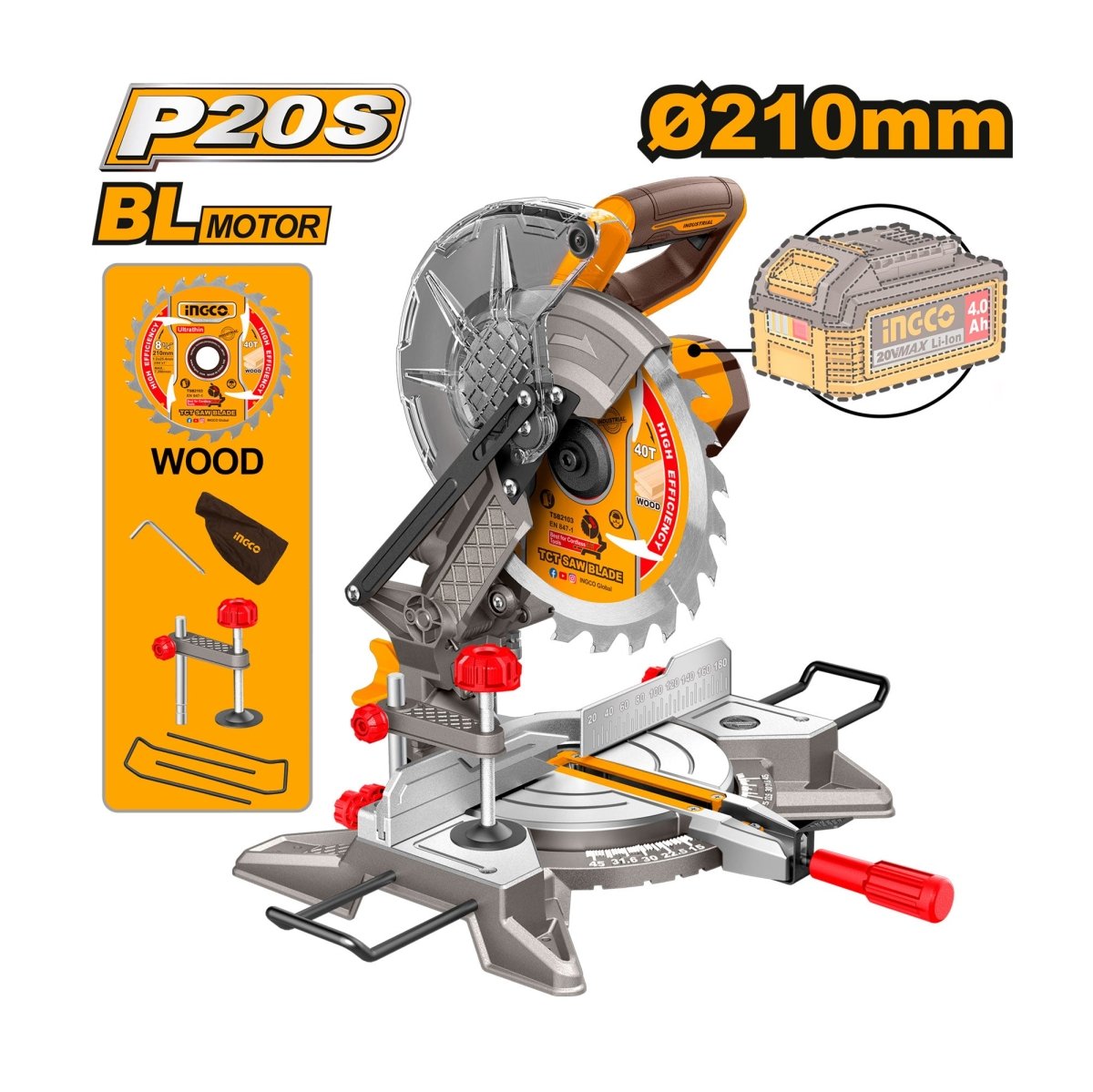 Ingleteadora Inalámbrica INGCO 20V 8-1/4" 4500RPM Hoja TCT Madera CMSLI2021 - MARKEMSTORE - Ingleteadoras