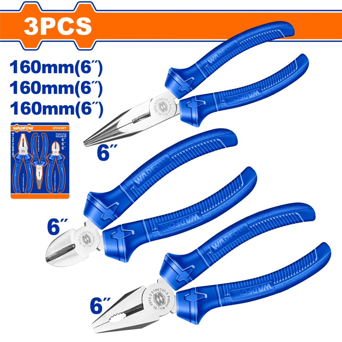 Juego 3 Alicates 6" Pulidos Mango Azul WADFOW WPS0623 - MARKEMSTORE - 