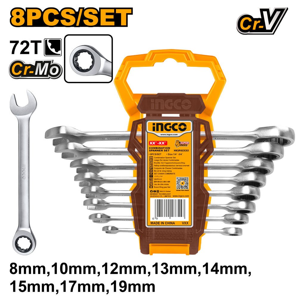 Juego de Llaves Combinadas Tipo Rachet INGCO 8 Piezas 8 - 19mm HKSPAR1082 - MARKEMSTORE - Llaves y Juegos