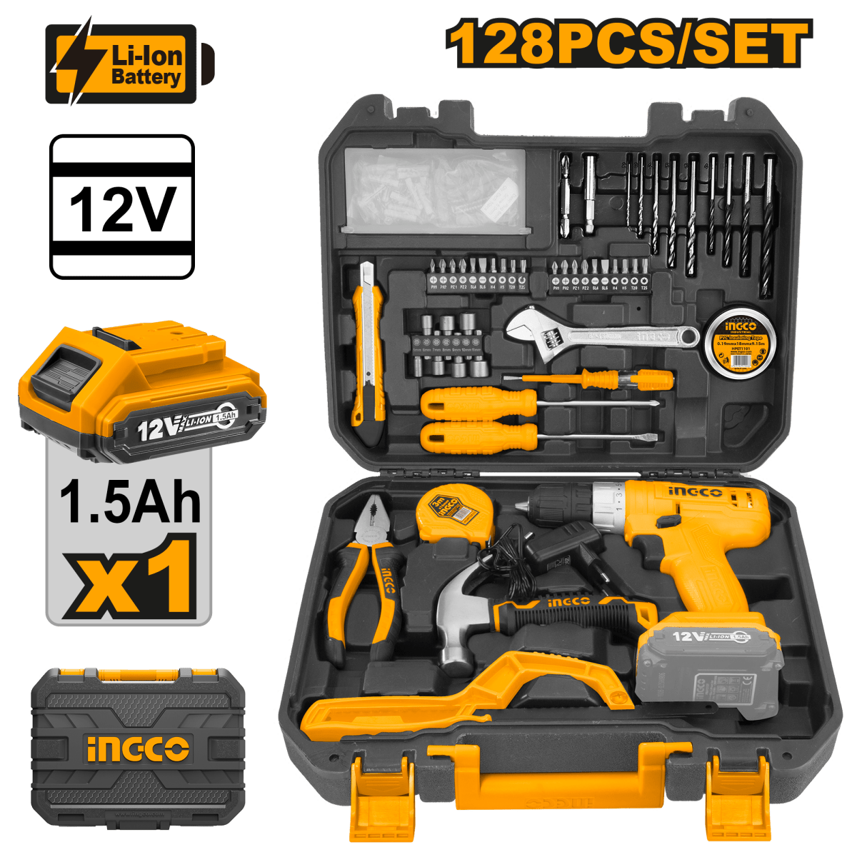 Juego Herramientas 128 Pzs Incluye Taladro Inalambrico 12V Ingco UHKTHP11281 - MARKEMSTORE -