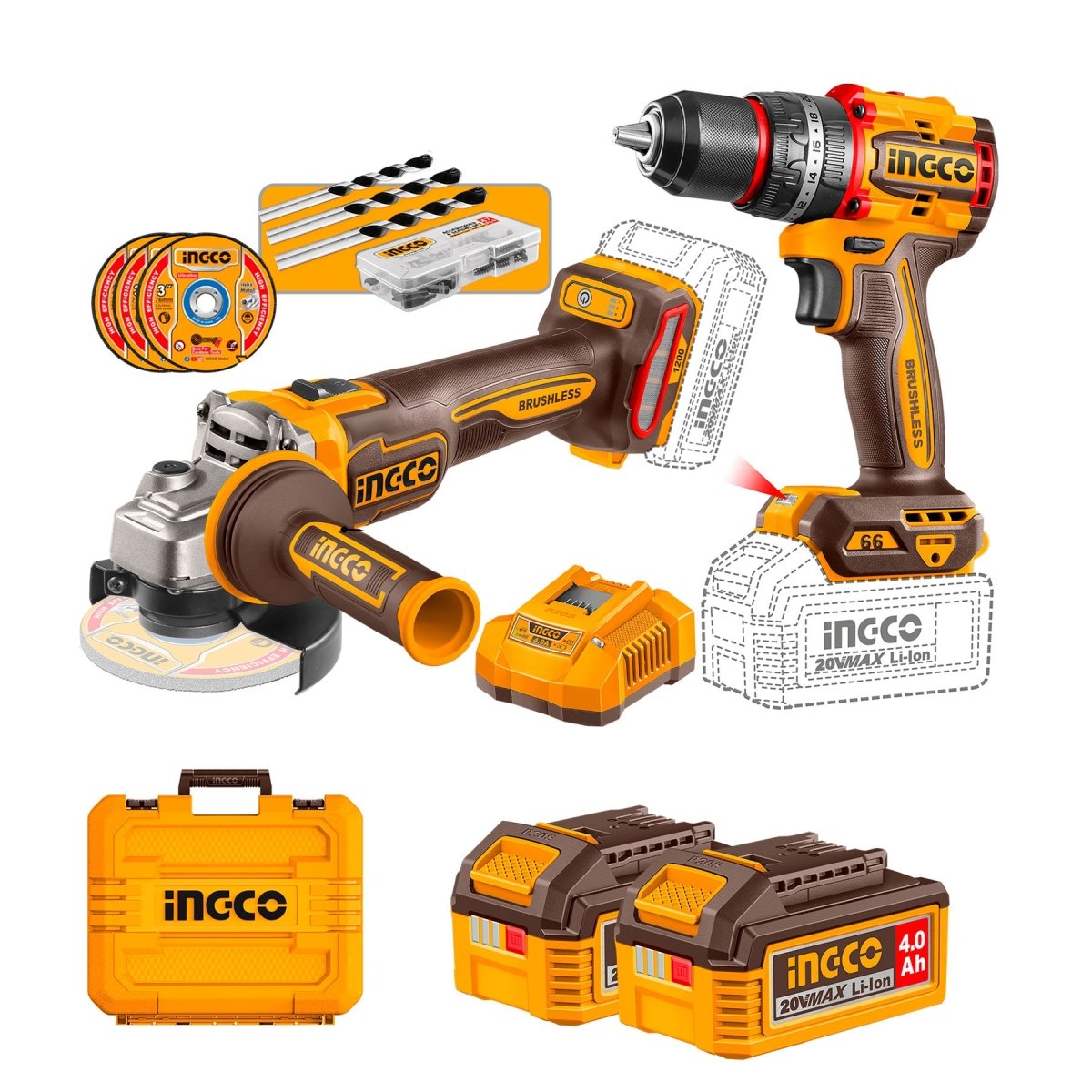 Juego Herramientas INGCO 20V Taladro Impacto y Pulidora UCKLI20256 - MARKEMSTORE - Combos de Herramientas
