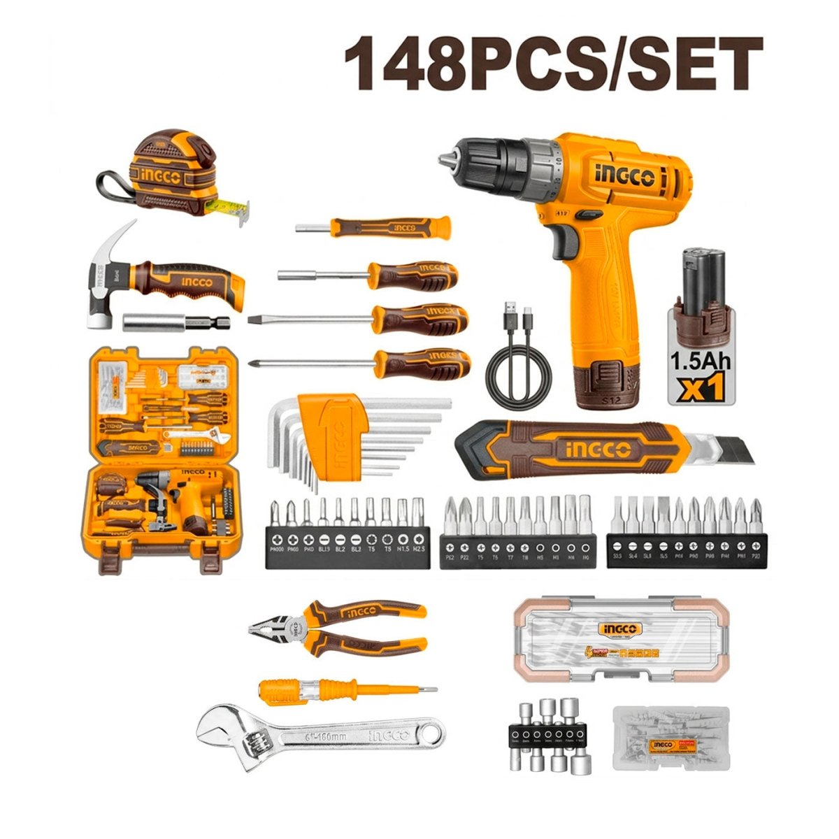 Kit de Herramientas INGCO 148 Piezas con Taladro Inalámbrico HKTHP41482 - MARKEMSTORE - 