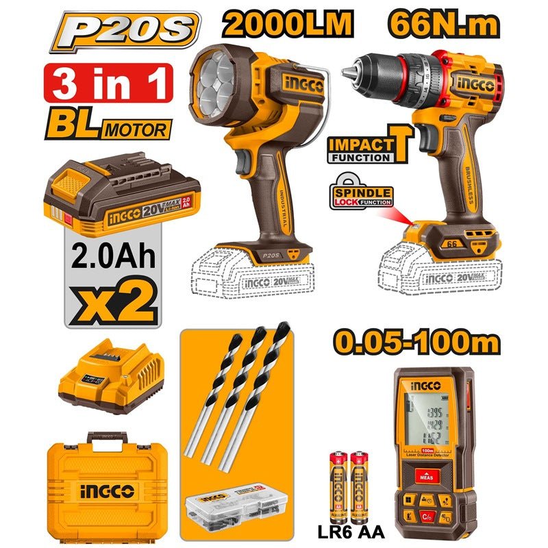 Kit de Herramientas INGCO Taladro de Impacto 20V + Detector + Linterna UCOSLI250885 - MARKEMSTORE - Combos de Herramientas