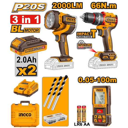 Kit de Herramientas INGCO Taladro de Impacto 20V + Detector + Linterna UCOSLI250885 - MARKEMSTORE - Combos de Herramientas
