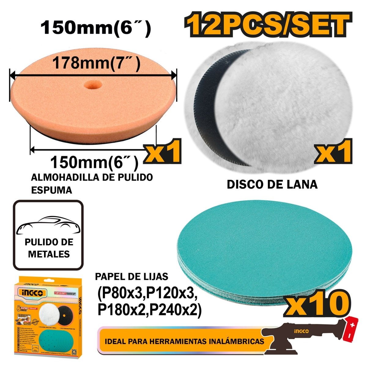Kit de Pulido y Esmerilado INGCO 6" 12 Piezas Disco Lana y Lijas APG15012 - MARKEMSTORE - Accesorios Para Pulidora