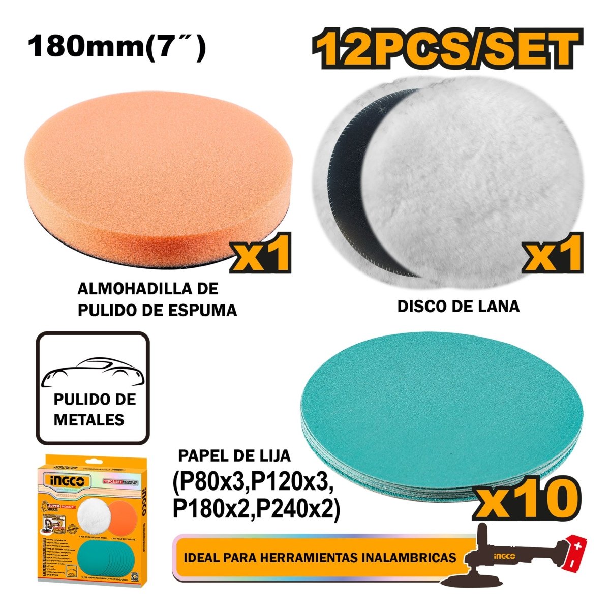 Kit de Pulido y Esmerilado INGCO 7" 12 Piezas Disco Lana y Lijas APG18012 - MARKEMSTORE - Accesorios Para Pulidora