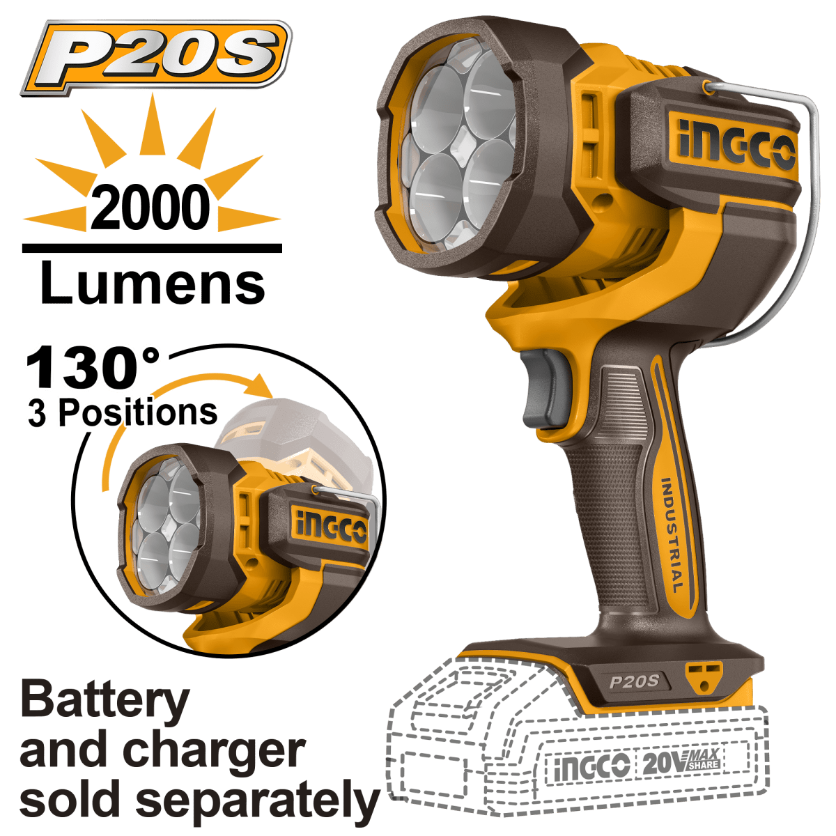 Lámpara Portátil LED 20V INGCO 2000 Lúmenes 3 Modos Gancho Metal CWLI2088 - MARKEMSTORE - Linternas