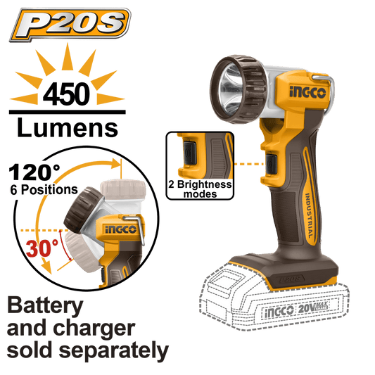 Lámpara Portátil LED 20V INGCO 450 Lúmenes 2 Modos Gancho Metal Ángulo 120° CWLI2058 - MARKEMSTORE - Linternas