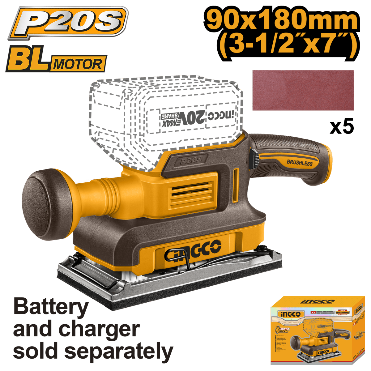 Lijadora de Acabado Inalámbrica INGCO 20V 13000RPM - Motor Brushless con 5 Lijas CFSLI2031 - MARKEMSTORE - Lijadoras