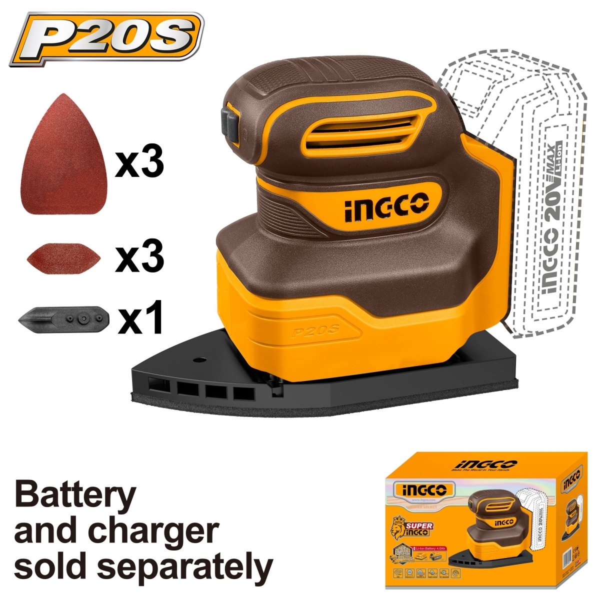 Lijadora de Palma Inalámbrica INGCO 20V 12000RPM + Lijas y Accesorios CPSLI2014 - MARKEMSTORE - Lijadoras
