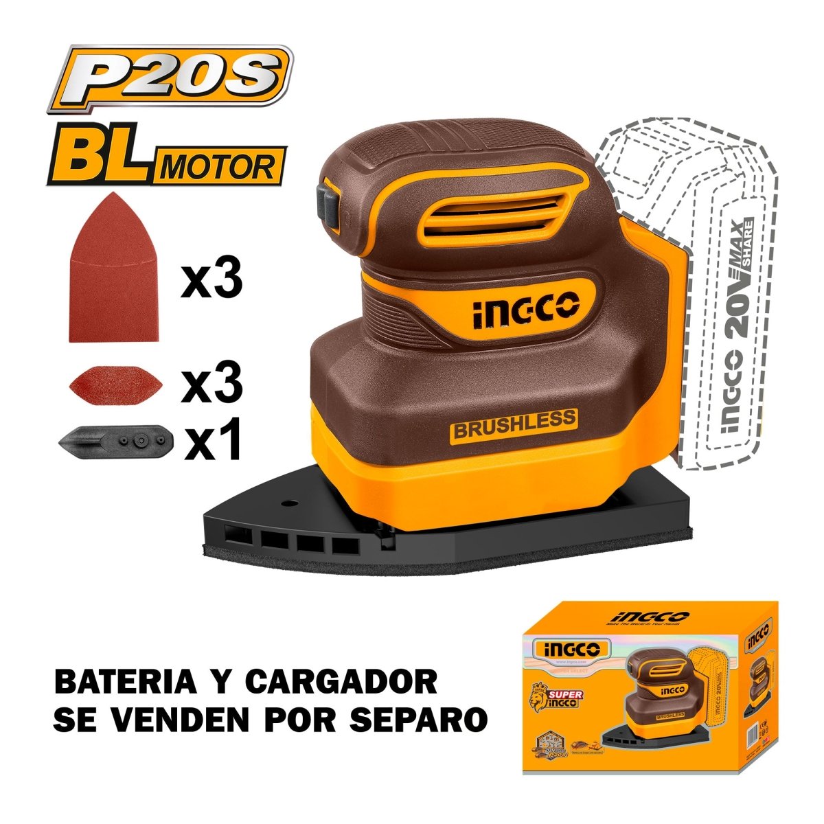 Lijadora Inalámbrica INGCO 20V 12000RPM Brushless Lijadora de Palma CPSLI2024 - MARKEMSTORE - Lijadoras