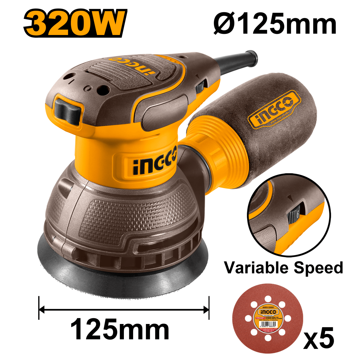 Lijadora Rotorbital 320W 8000 - 13000 Con 5 Pliegos De Lija INGCO URS3216 - MARKEMSTORE -