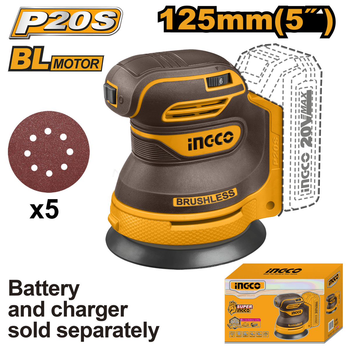 Lijadora Rotorbital Inalámbrica INGCO 20V 8000 - 13000RPM - 125mm con 5 Lijas CROSLI2002 - MARKEMSTORE - Lijadoras