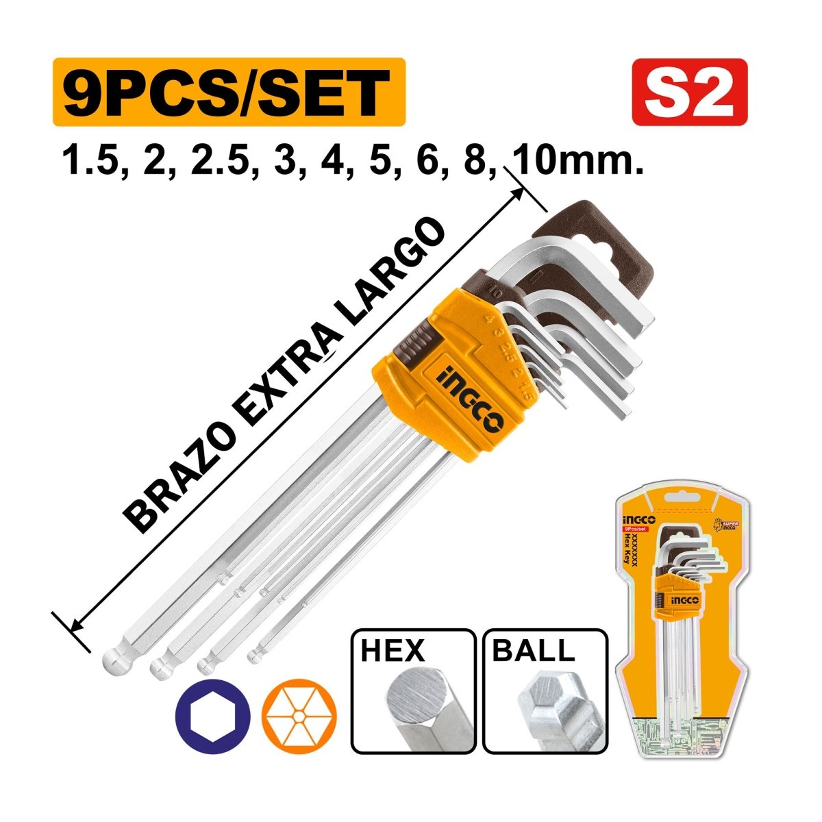 Llave Allen en L Brazo Largo INGCO 9 Piezas 1.5 - 10mm HHK12092 - MARKEMSTORE - Llaves y Juegos