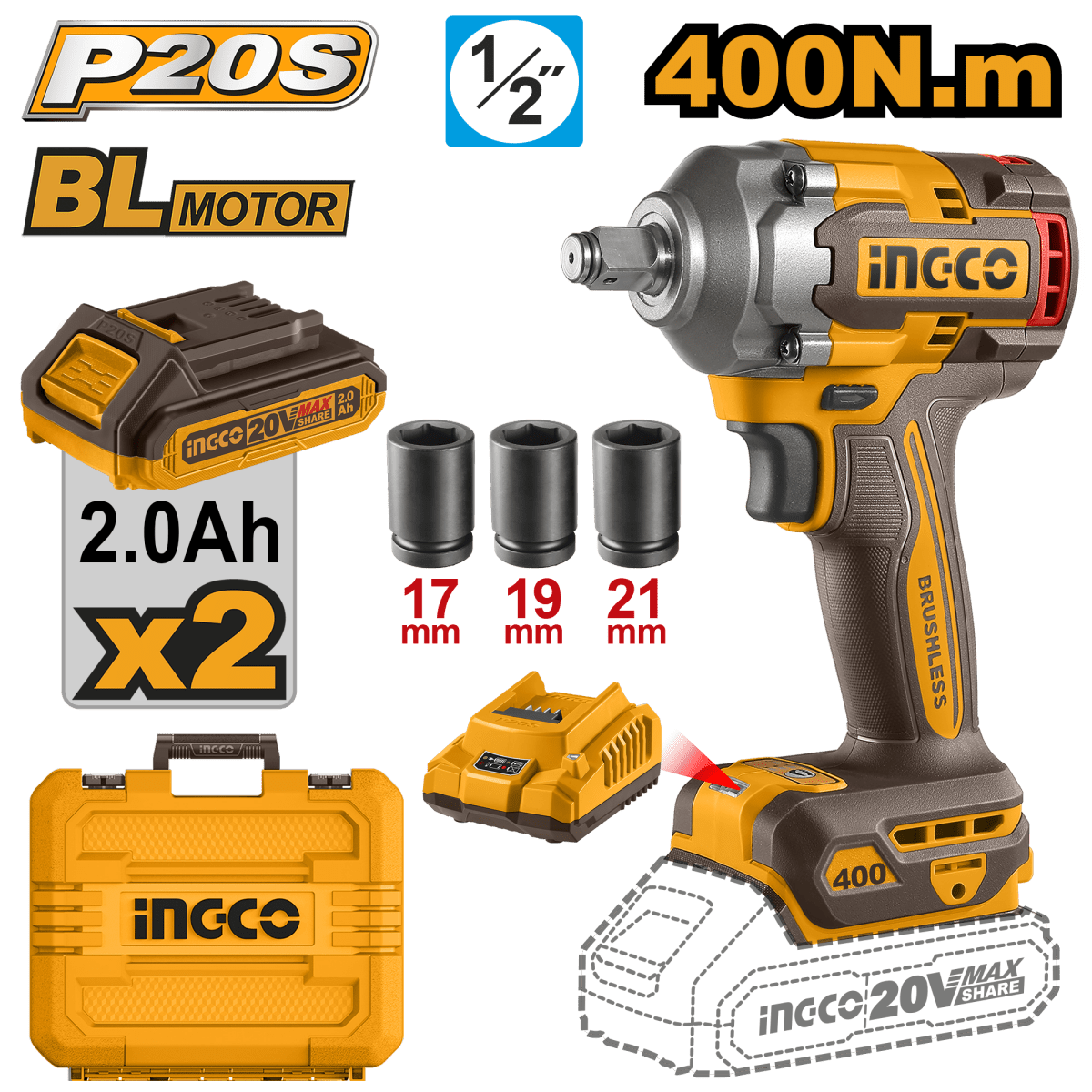 Llave De Impacto 20V M1/2 400Nm Brushless INGCO UCIWLI2040 - MARKEMSTORE -