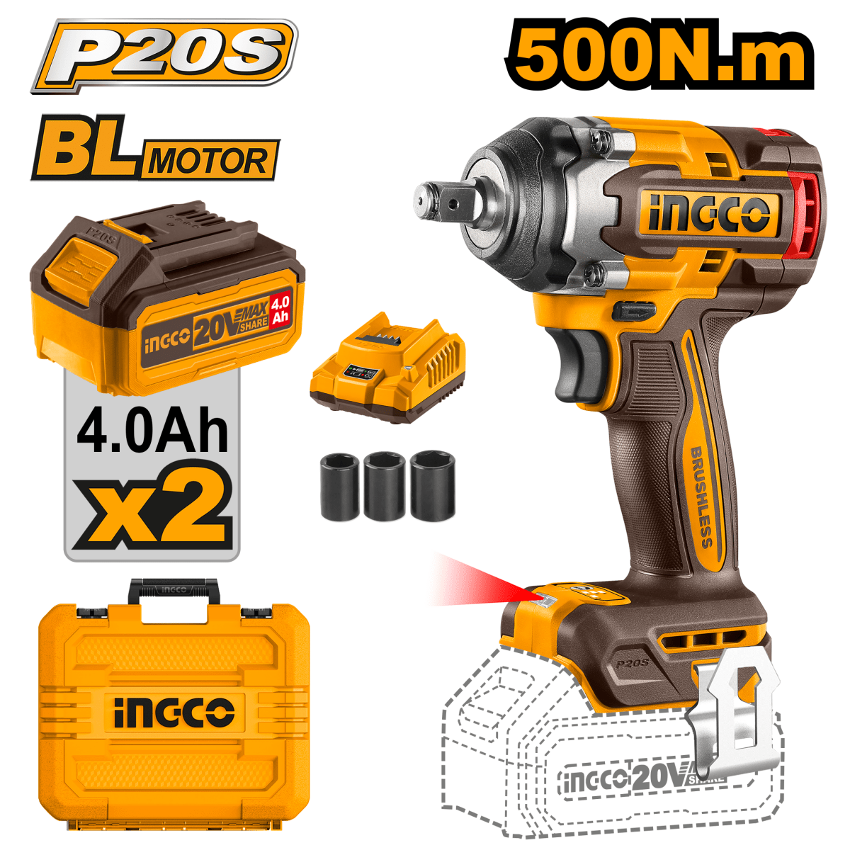 Llave De Impacto 20V M1/2 Brushless INGCO UCIWLI2050 - MARKEMSTORE - Taladro