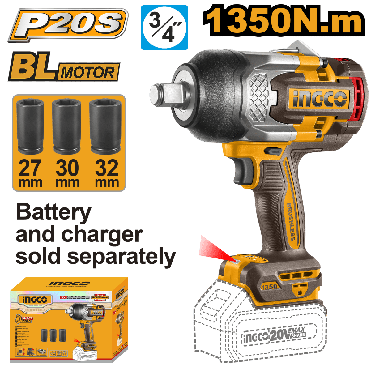 Llave de Impacto Inalámbrica INGCO 20V 3/4" 1350Nm - CIWLI201351 - MARKEMSTORE - Llave de Impacto