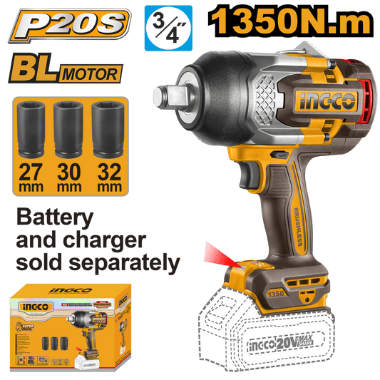 Llave de Impacto Inalámbrica INGCO 20V 3/4" 1350Nm - CIWLI201351 - MARKEMSTORE - Llave de Impacto