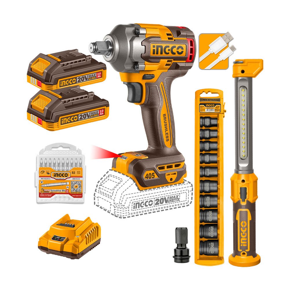 Llave de Impacto Inalámbrica INGCO 20V 405Nm + Lámpara y Dados UCOSLI23056 - MARKEMSTORE - Combos de Herramientas