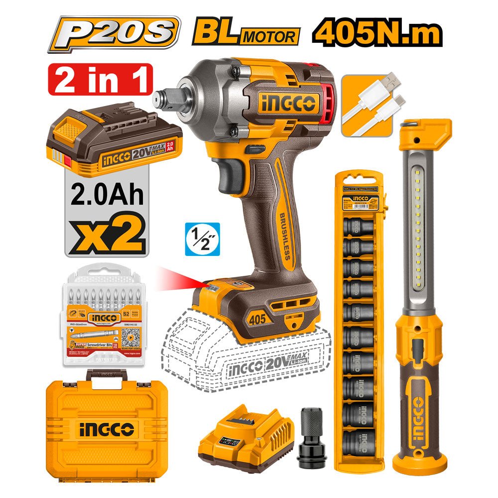 Llave de Impacto Inalámbrica INGCO 20V 405Nm + Lámpara y Dados UCOSLI23056 - MARKEMSTORE - Combos de Herramientas