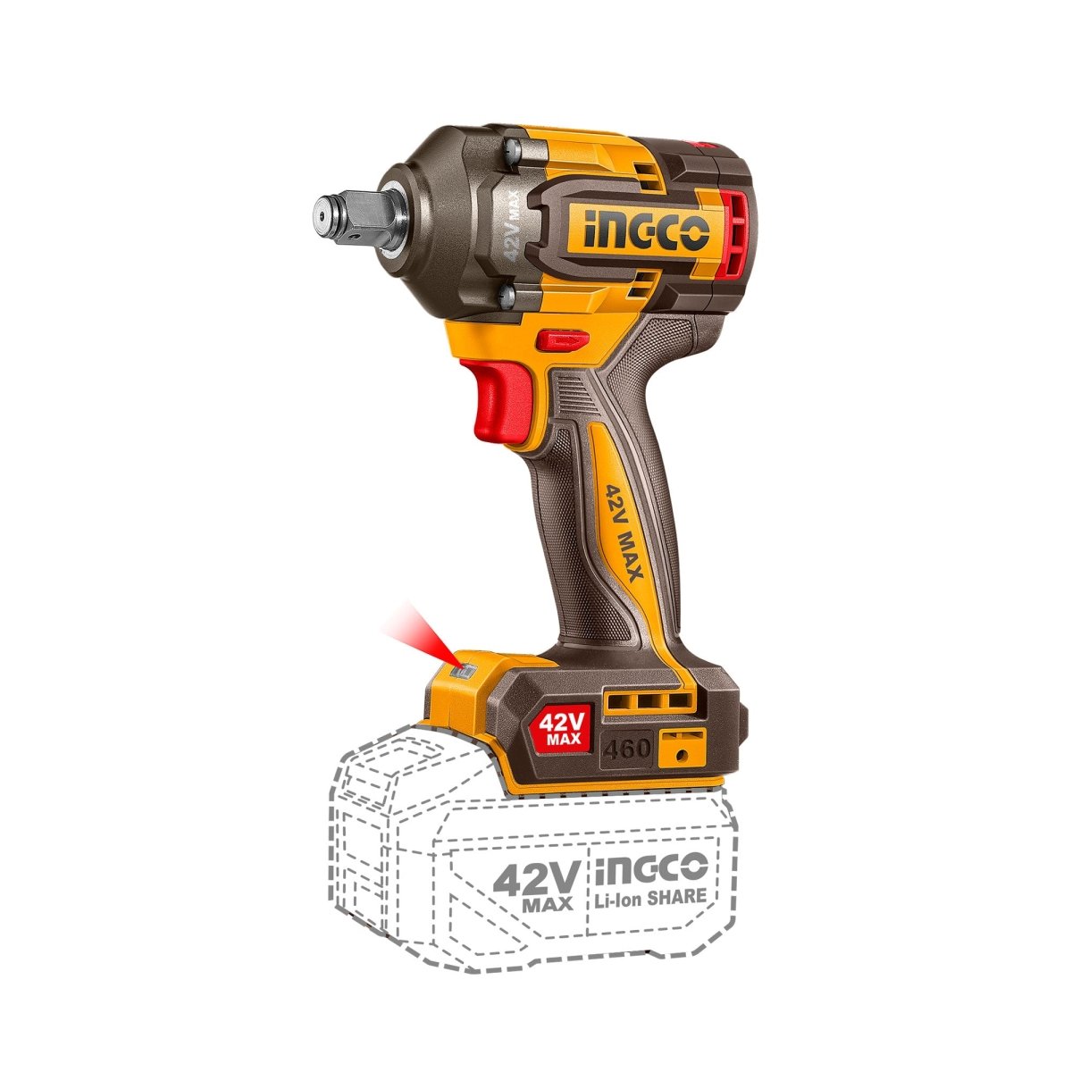 Llave de Impacto Inalámbrica INGCO 42V 460Nm | UCIWLI42462 - MARKEMSTORE - Llave de Impacto