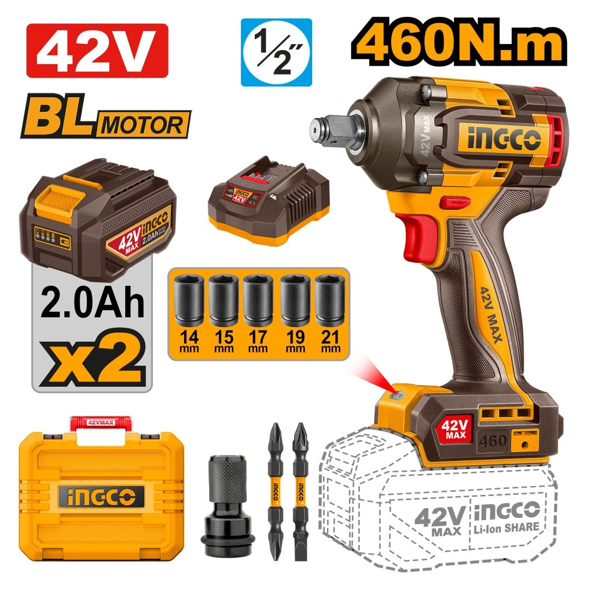 Llave de Impacto Inalámbrica INGCO 42V 460Nm | UCIWLI42462 - MARKEMSTORE - Llave de Impacto