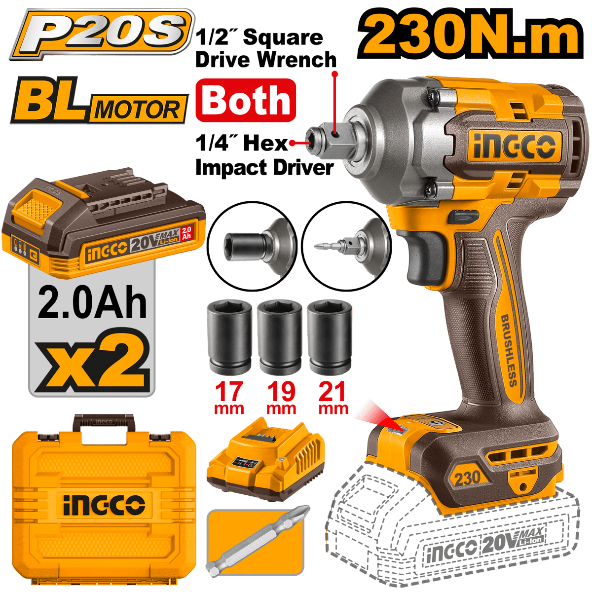 Llave de Impacto Inalambricoy Atornillador 1/4 2 en 1 20V 2.0amp 230nm INGCO UCIWLI20236 - MARKEMSTORE -